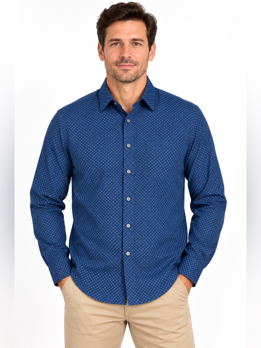 Banana Republic Men’s L Untucked Fit Non-Iron Blue Geometric Button Down Shirt